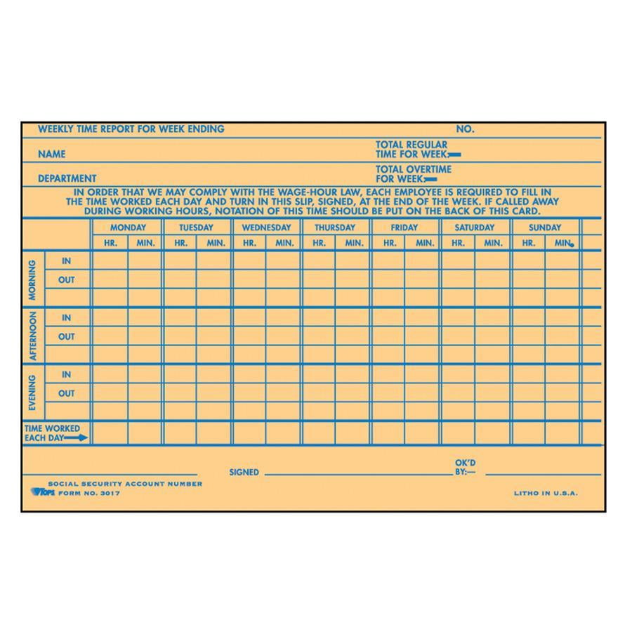 TOPS, TOP3017, Handwritten Weekly/Overtime Time Cards, 100 / Pack