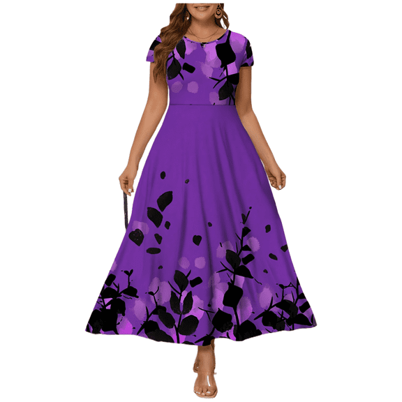 AURA Women Plus Size Elegant Floral A Line Dress 3/4 Sleeve Casual Long Dress