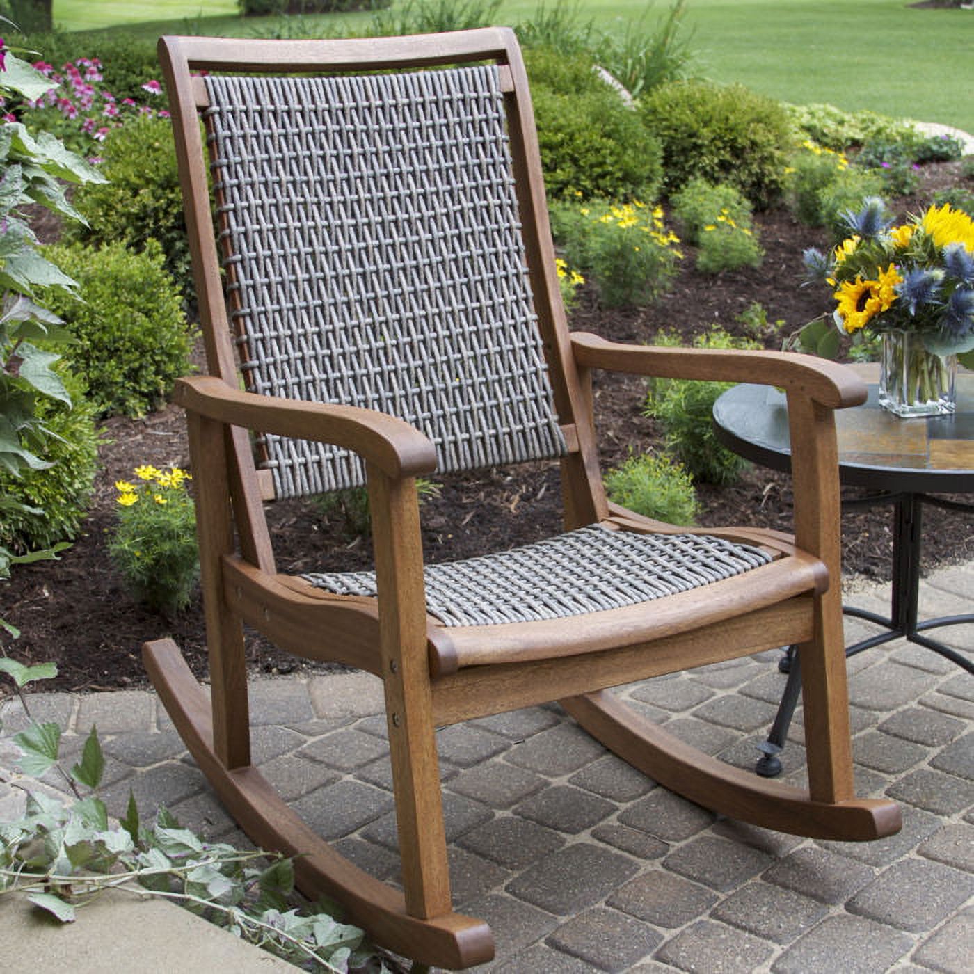 Outdoor Interiors Resin Wicker and Eucalyptus Rocking Chair, Brown and Grey - image 3 of 4