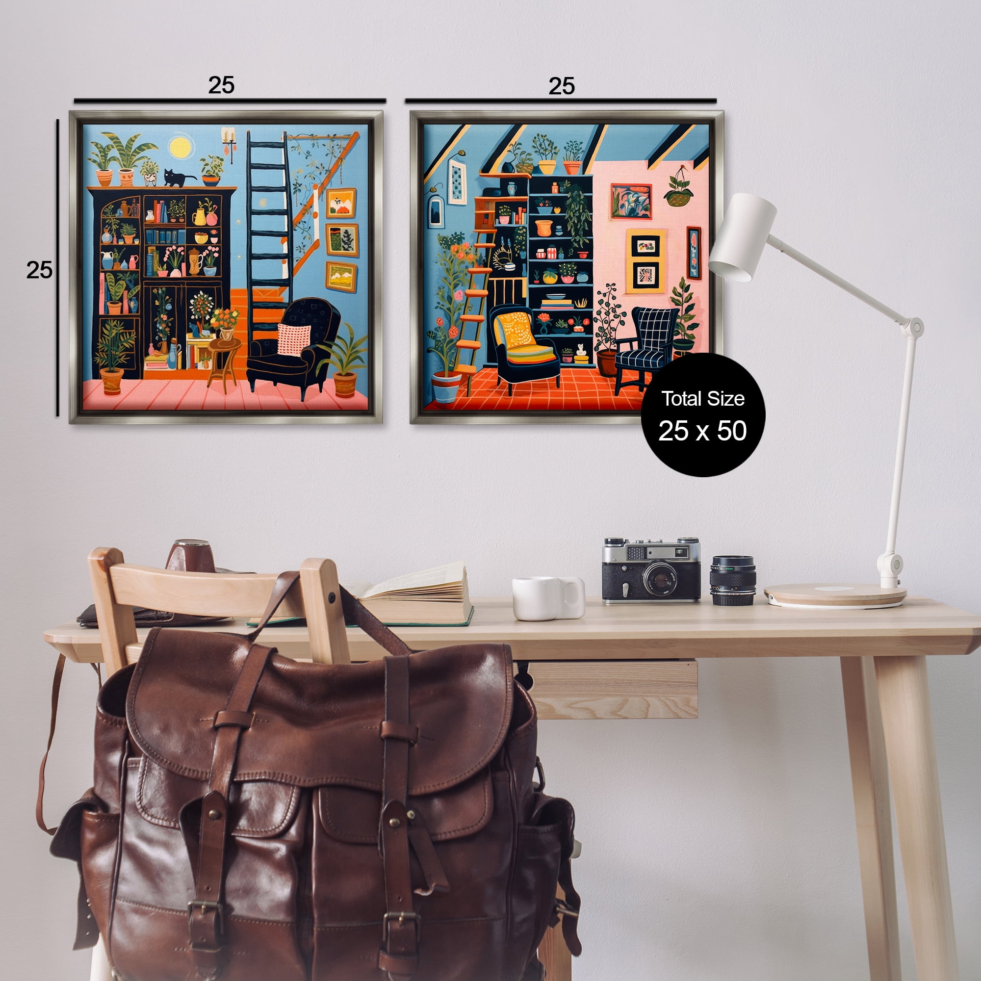 Stupell Industries Cozy Decorated Reading Nook Furniture Painting Gray Floater Framed Canvas Art Print Wall Art, 25 x 25, Set of 2