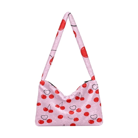 DIXRUYEE Simple Heart Shaped Cherry Print Plush Shoulder Bag Soft Faux Fluffy Hobo Tote Bag With Zipper Closure Casual Lightweight Crossbody Handbag