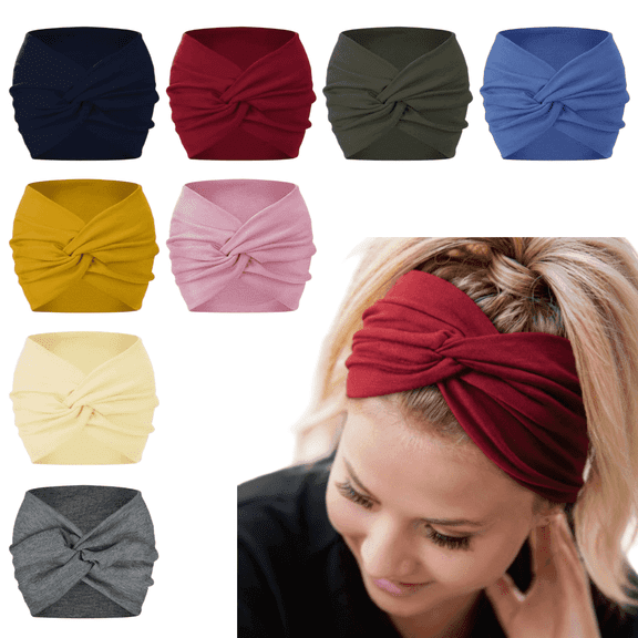 7" Wide Headbands for Women, 8 Pack Extra Large Non-Slip Workout Hair Bands | Boho Twisted Turban Yoga Head Bands, Thick Stretch Fashion Hair Accessories