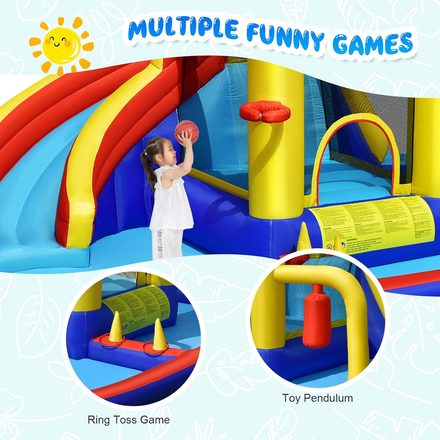 OLAKIDS Inflatable Water Slide, 8 in 1 Bounce House Water Park with Slide Splash Pool Climbing Wall Basketball Hoop Ring Toss, Outdoor Inflatable Obstacle Course for Kids Backyard (With 735W Blower)