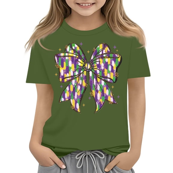 Abcomgle Mardi Gras Shirts for Girls Size 6-8 Carnival Purple Green Yellow Bow T Shirts for Girls Crewneck Short Sleeve Tee Shirts for Girls Spring Funny Holiday Blouses for Girls