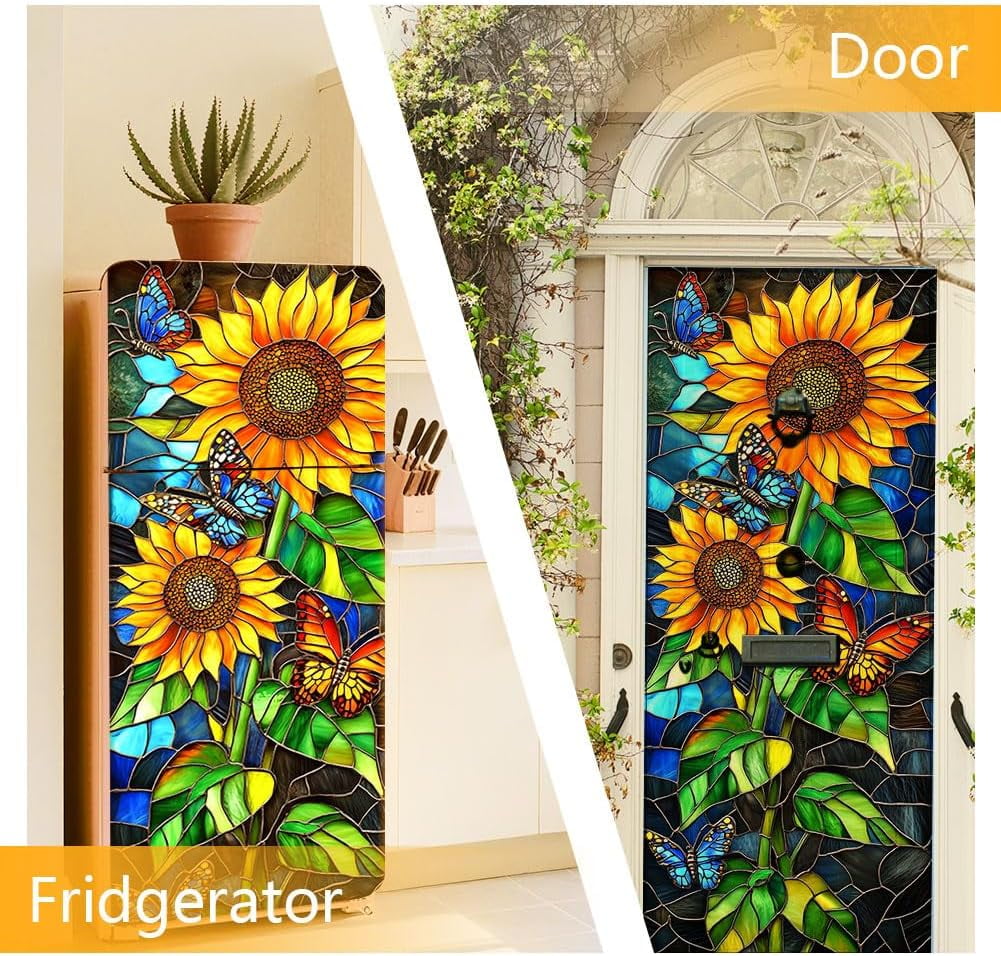 2 Sheet Sunflower Removable Refrigerator Wraps Self-Adhesive Fridge Stickers Peel and Stick Vinyl Fridge Decals Sticker