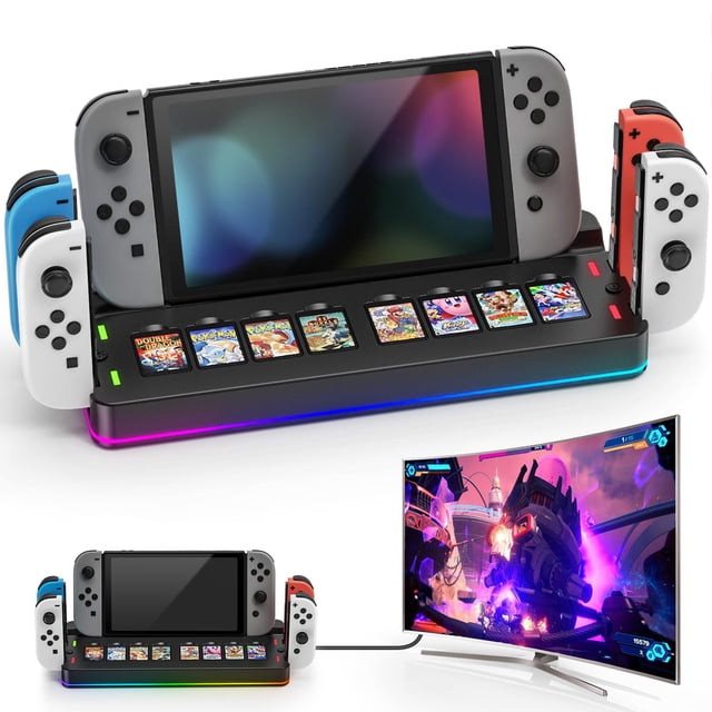 Estación de acoplamiento compatible con Nintendo Switch/OLED, adaptador HDMI 4K, 4 cargadores Joycon, 8 ranuras para juegos, base de carga portátil para TV para el kit de accesorios Switch