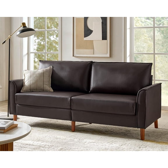 UNBRAND 78" Faux Leather Sofa with Solid Wood Legs, Mid-Century Modern PVC Leather Couch, Upholstered 3-Seater Sofa for Living Room Bedroom, Brown