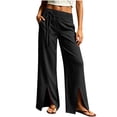 thumbnail image 6 of Womens Solid Color Cotton Tie Detail Elastic Waist Split Front Straight Leg Pants Casual Pocket Slit Hem Long Trousers Black L(L), 6 of 6