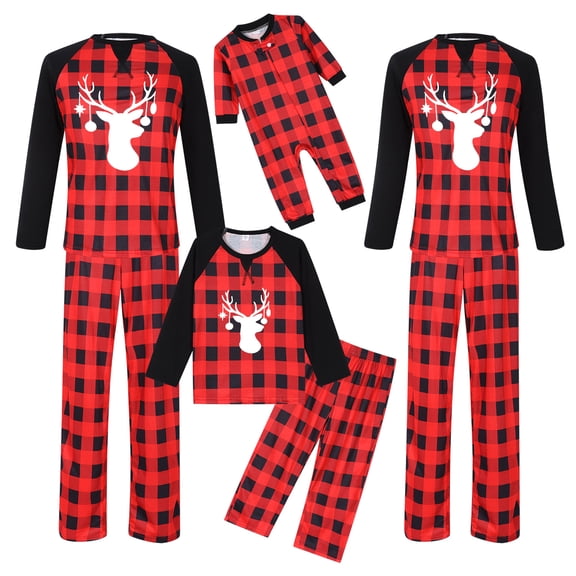 Elippeo Christmas Family Pajamas Matching Set, Long Sleeve Elk Print T-shirt with Plaid Pants Sleepwear Loungewear