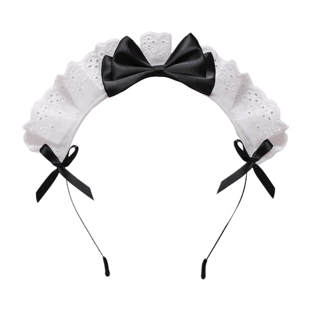 diadema de sirvienta para mujer, lazo de encaje, tocado para fiesta de disfraces — diadema negra y blanca con lazo satinado negro central, banda metálica fina (4 mm) cubierta por encaje blanco festoneado (4 cm) y lazos de cinta negros en los extremos; talla única, indicada para disfraces y uso festivo; también suele usarse como accesorio de cosplay o regalo pequeño.
