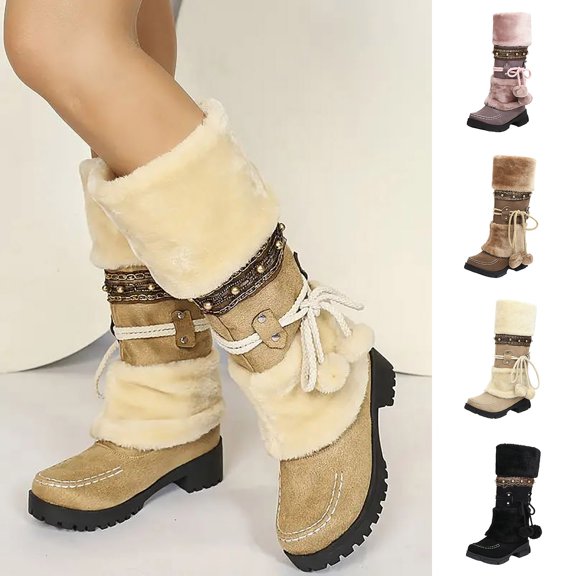 Joykidd Women's Pom‑Pom Winter Knee-High Boots Suede Platform Lug Sole Plush Mid-Calf Boots for Holiday Party Festival Outfits