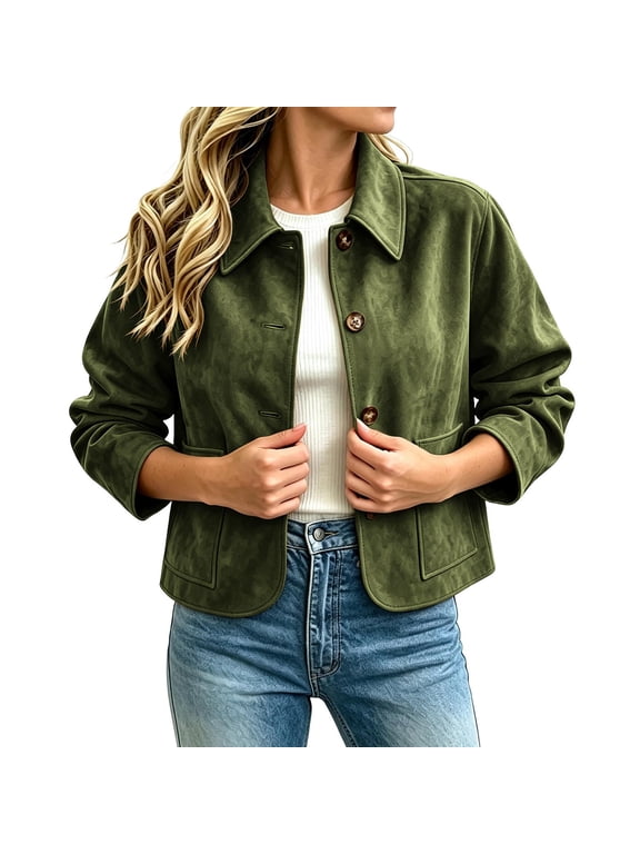 Womens Faux Suede Cropped Jacket Lapel Collar Button Front Long Sleeve Casual Shacket with Patch Pockets for Fall Daily Wear
