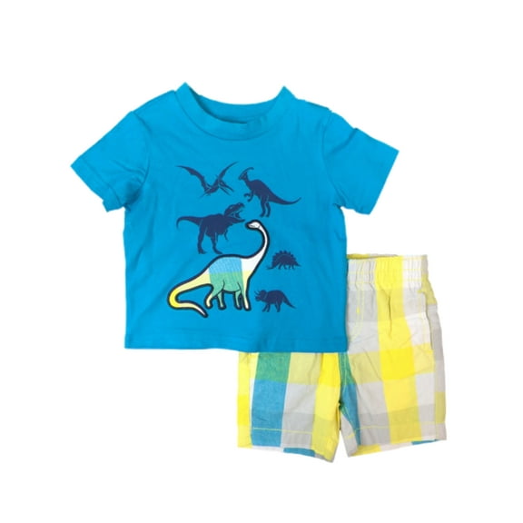 Infant & Toddler Boys Dinosaur Outfit Blue Dino Shirt & Plaid Shorts Set 18m