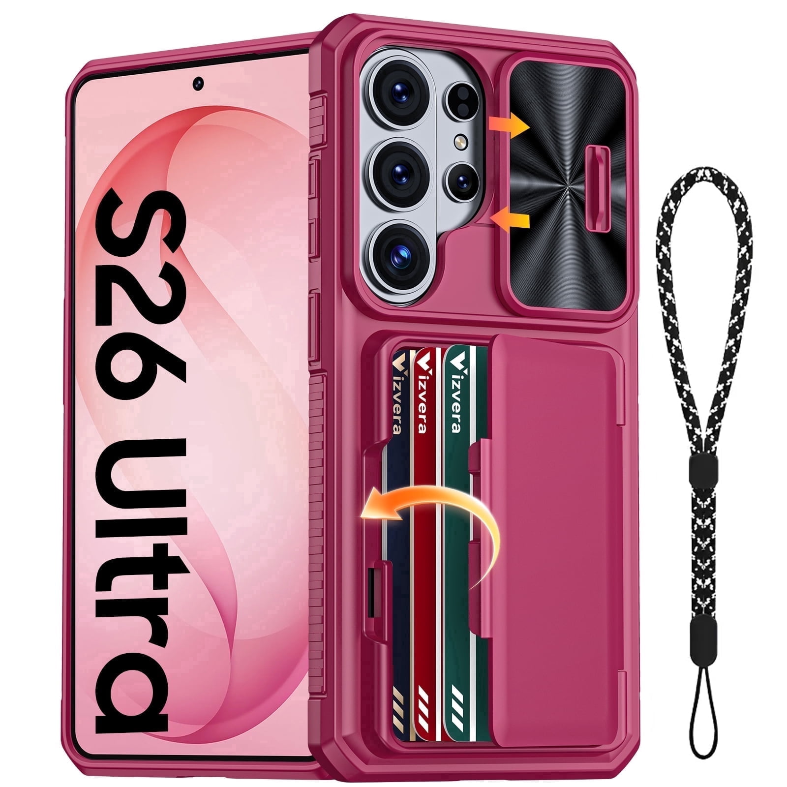 Oupeigar for Samsung Galaxy S26 Ultra Case Wallet RFID with Lanyard,Cards Holder,Camera Cover,Edge Raised,Rugged Shockproof Phone Case-Rose Red