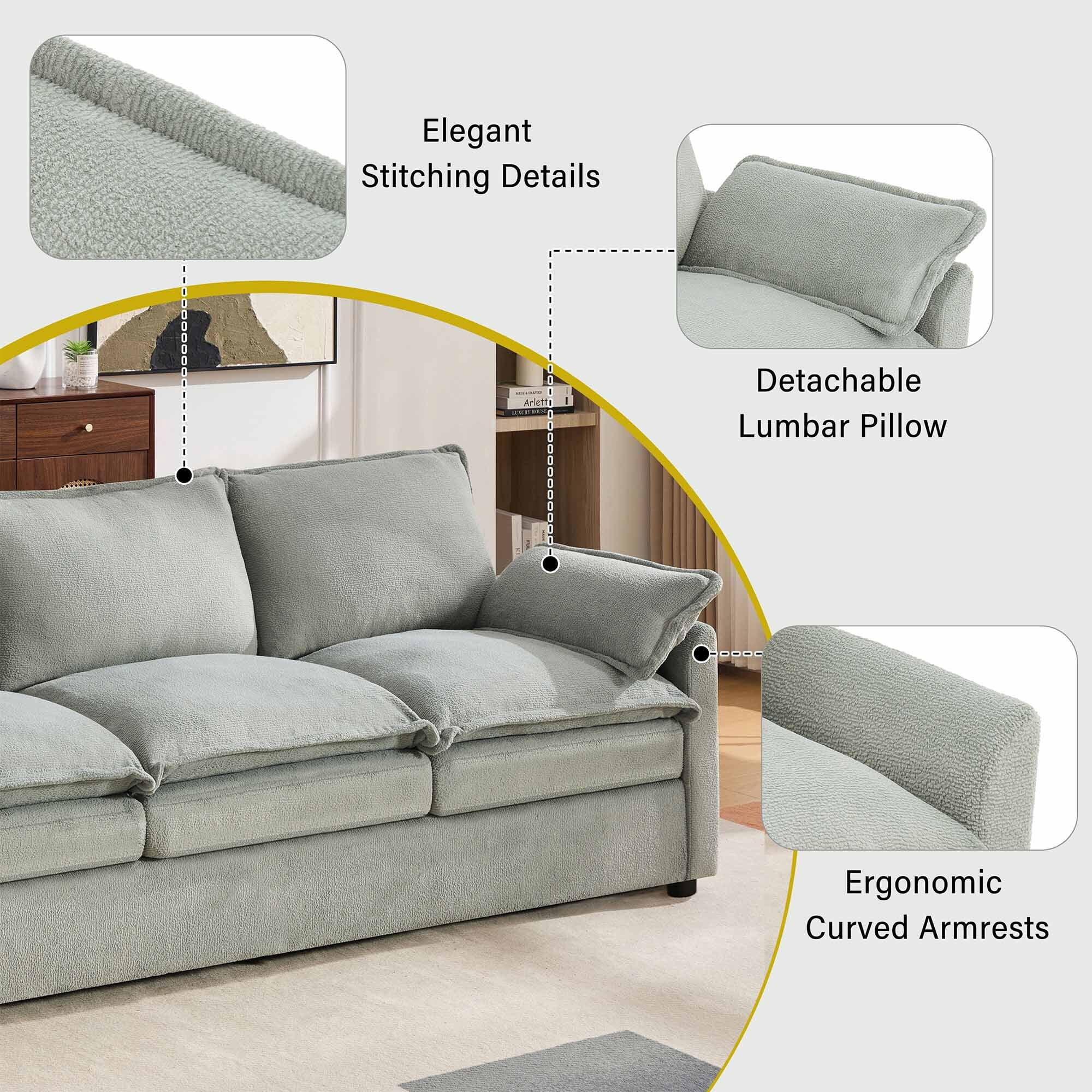Lunale 3-Seater Sofa with Storage Pockets, Modern Cloud Couch for Living Room, Green Chenille