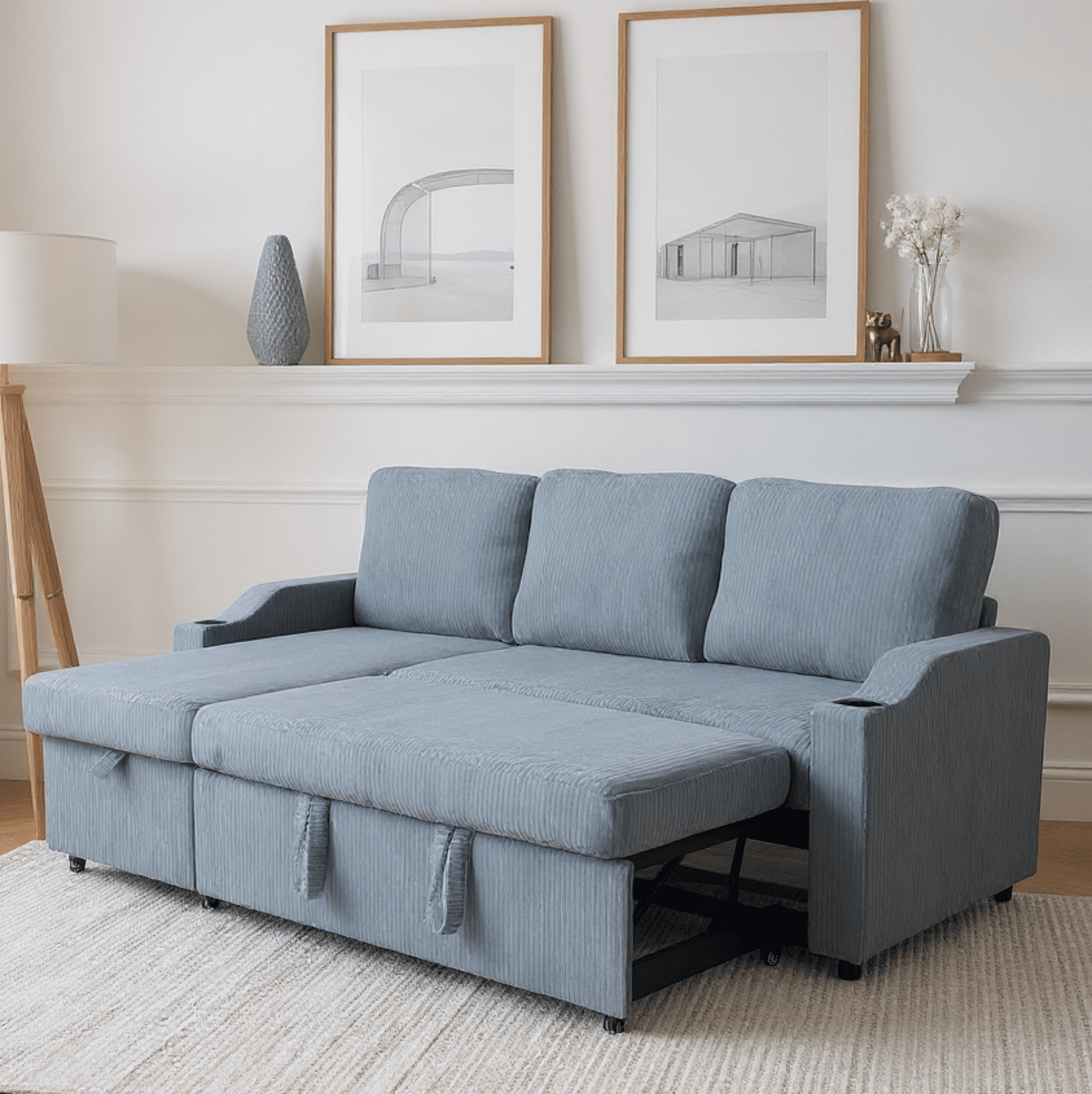 Gewnee Pull Out Sofa Bed,3 In 1 Sleeping and Seating Sofa with Storage Function,with Corduroy Fabric L-shaped Sofa,Suitable for Living Room,Bedroom and Apartment(Gray)