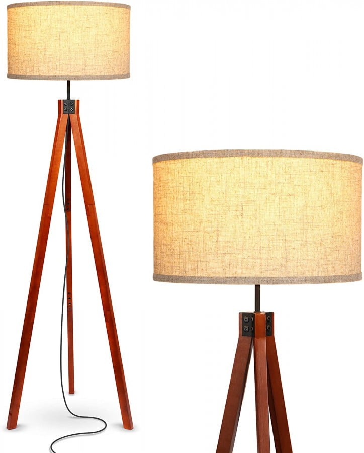 Wood Tripod Floor Lamp Flaxen Lamp Shade 