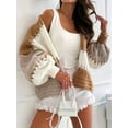 thumbnail image 3 of Women Oversized Cardigan Sweaters Open Front Color Block Lantern Long Sleeve Striped Knit Outwear Coats Khaki S, 3 of 8