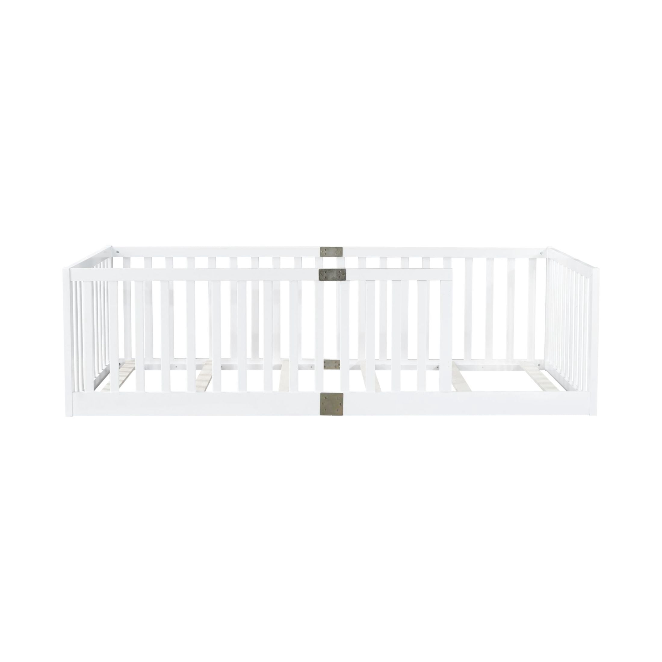 Noble House Alista Twin Size Rubber Wooden Floor Bed with High Safety Fence Guardrails, White