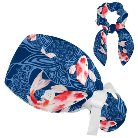 

Working Cap with Buttons and Sweatband Scrub Hat Bouffant Caps with Scrunchie Watercolor Koi Fish Tie Back Hats