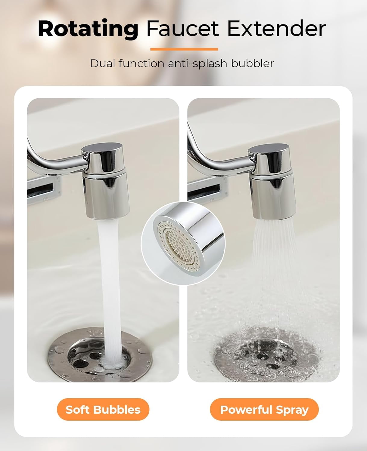 2PCS Rotatable Faucet Aerator Extension 1440°, U Shape 2 Spray Modes Adjustable Flexiflow 360° Rotating Sink Faucet Extender for Kitchen & Bathroom
