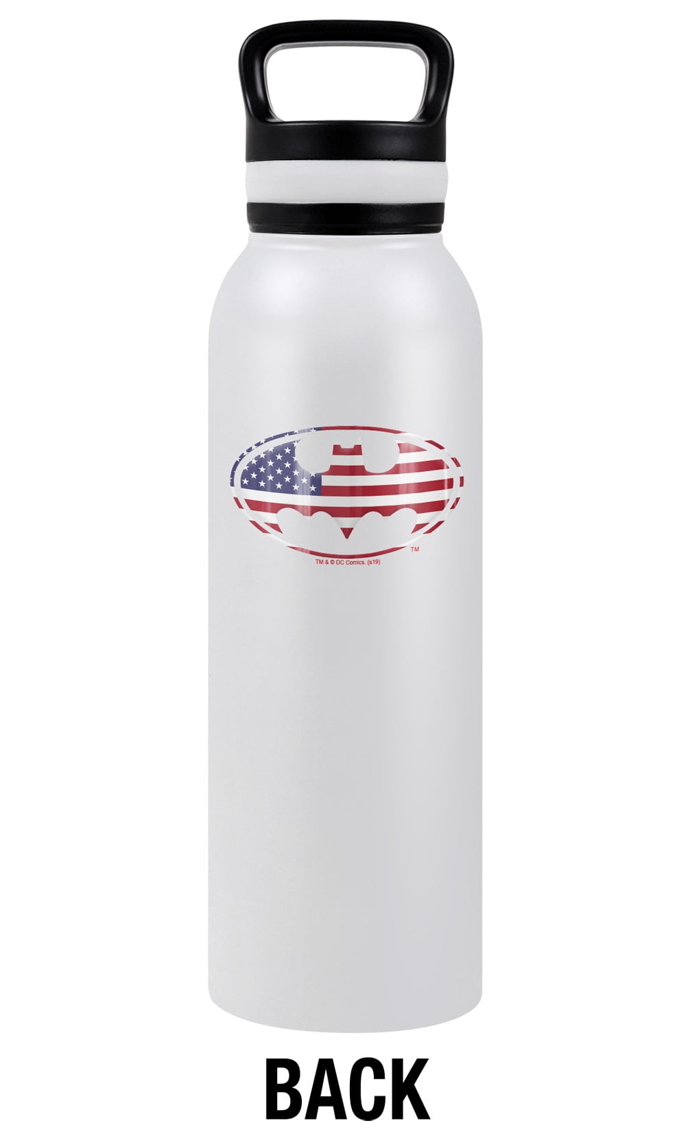 Batman - Logo Official USA American Flag Shield Logo 24 oz Insulated Canteen Water Bottle, Leak Resistant, Vacuum Insulated Stainless Steel with Loop Cap, White