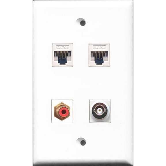RiteAV - 1 Port RCA Red and 1 Port BNC 2 Port Cat5e Ethernet White Wall Plate
