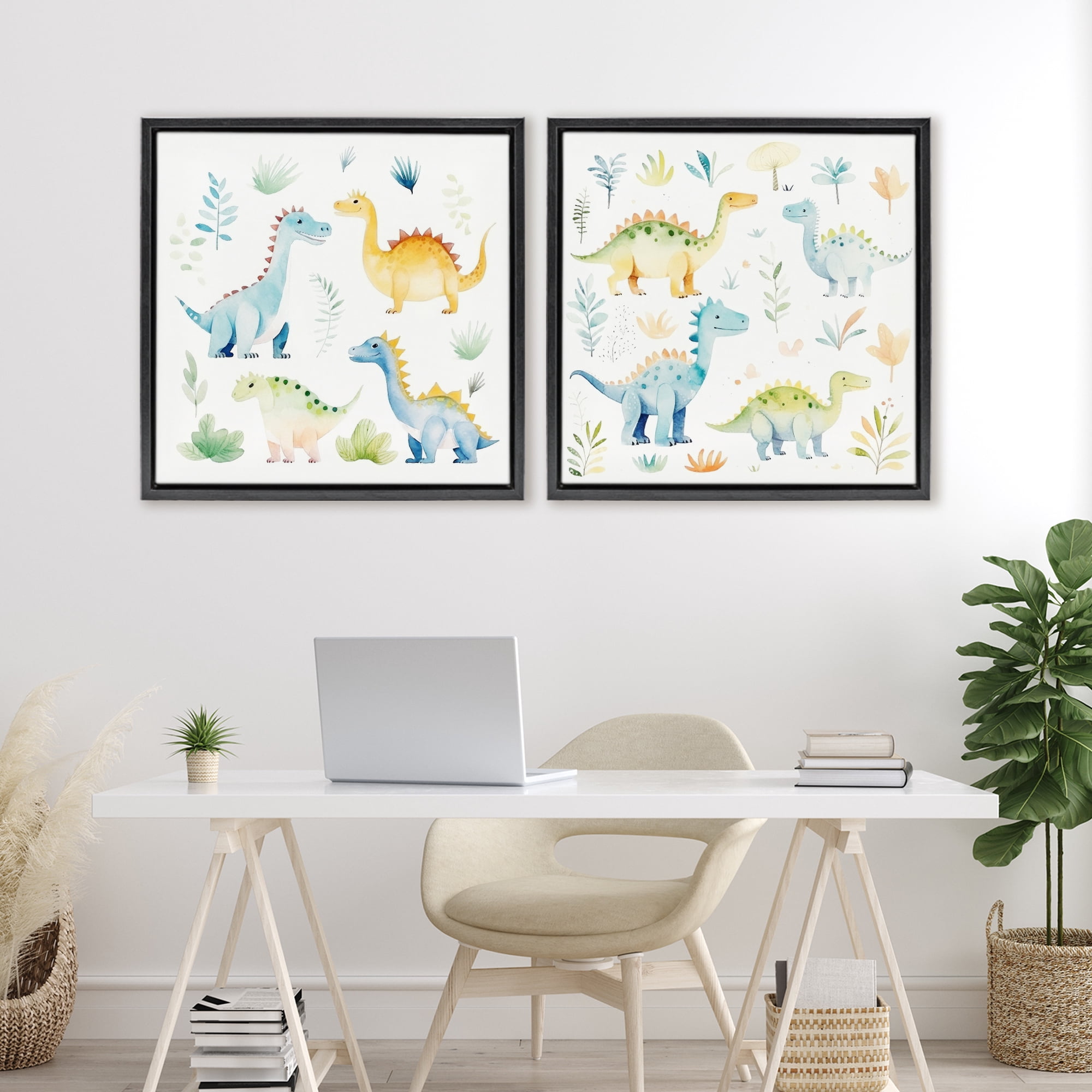 Stupell Industries Playful Dinosaur Wonders 2 Piece Black Framed Floater Canvas Set, design by Lazar Studio