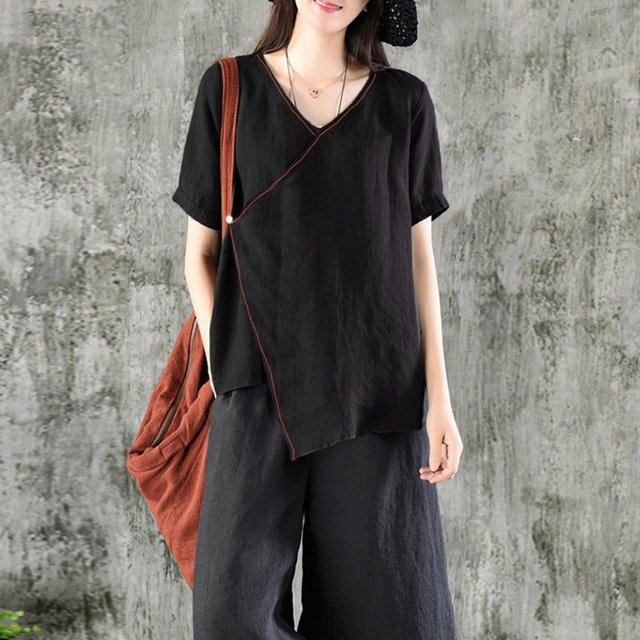 Vintage mujer blusa de algodón V Cuello cruzado irregular Hemline suelta vacaciones vacaciones desga Abanopi Negro M