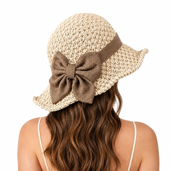 Rearedition Sun Hat for Women, Elegant Woven Straw Sun Hat with Bow, Wide Brim Foldable Beach Hat, Breathable Packable Summer Travel Cap for Vacation Outdoor