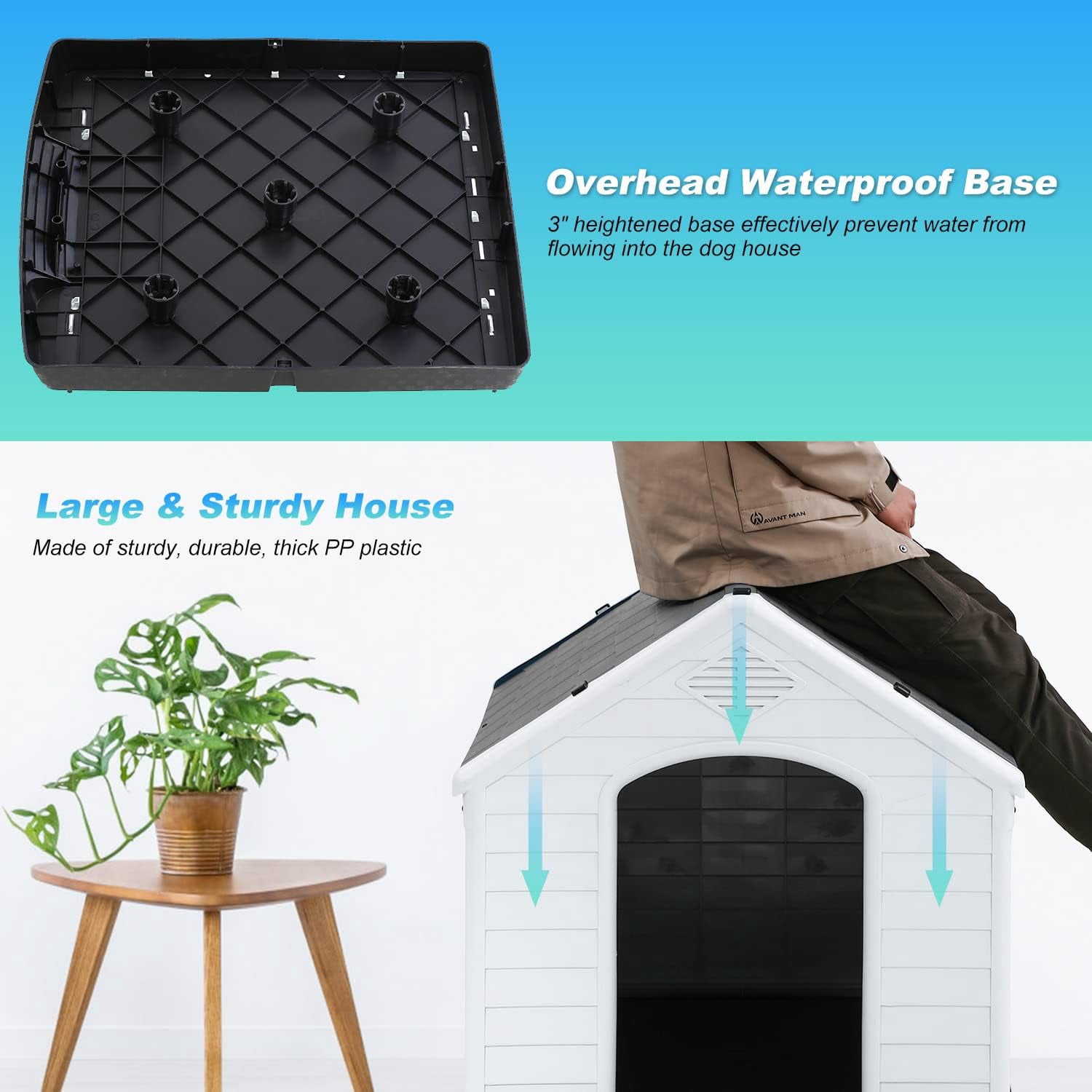FDW Dog House Indoor Outdoor Durable Ventilate Waterproof Pet Plastic Dog House for Small Medium Large Dogs,34.5"L x 30.5"W x 32"H,Grey