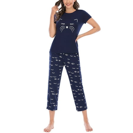 

Avamo Women Pajamas Set Short Sleeve Top and Capri Pants Sleepwear Pjs Sets with Pockets Ladies Summer Loose Homewear Outfits