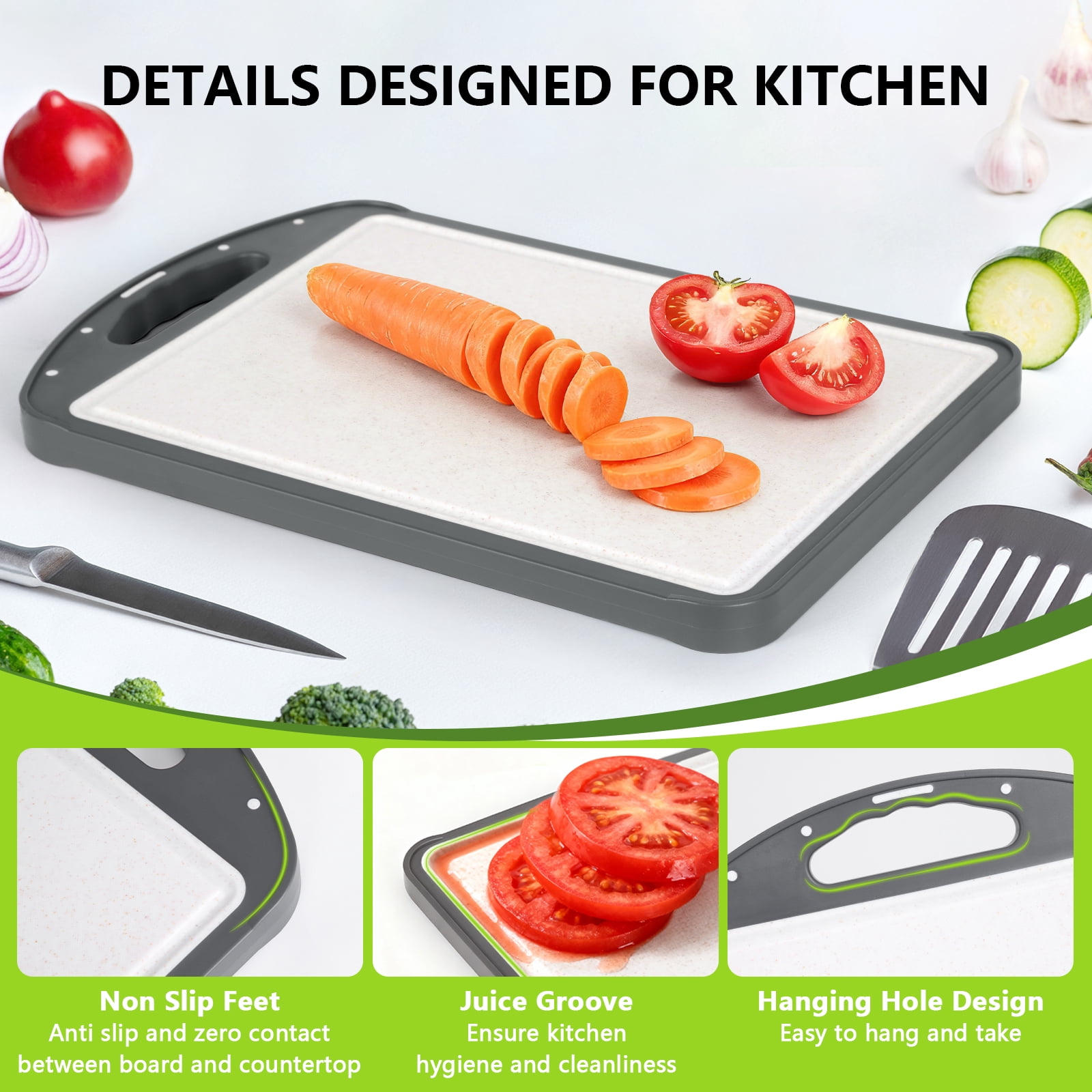 LIZEVINC Titanium Cutting Board for Kitchen, Food-Grade Double Sided Pure Titanium & Wheat Straw PP Chopping Board for Meat/Vegetables, Non-Toxic, Non-Slip, Easy to Clean, 15.35"x10"