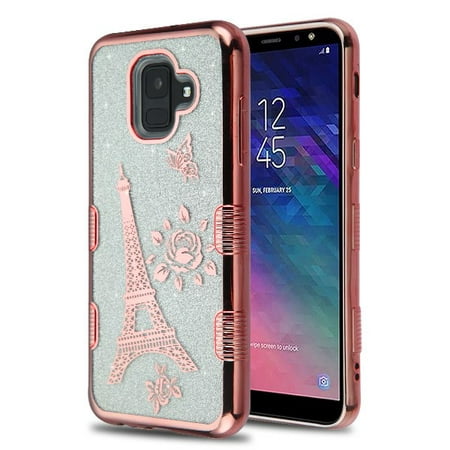 Samsung Galaxy A6 (2018 Model) Phone Case Slim TUFF HYBRID Bling Glitter Silicone Rubber Gel Hard Electroplating Protective Case Cover Eiffel Tower Rose Gold Phone Case for Samsung Galaxy