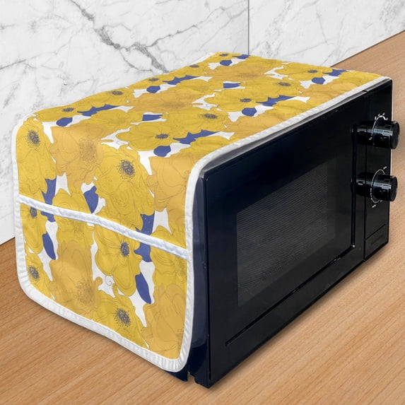 Floral Microwave Oven Cover, Hand Drawn Flowers Nature Illustration Abstract Foliage in Blue Shades, Water Resistant Organizer with Pockets for Kitchen, 36" x 12", Blue Orange and Yellow, by Ambesonne