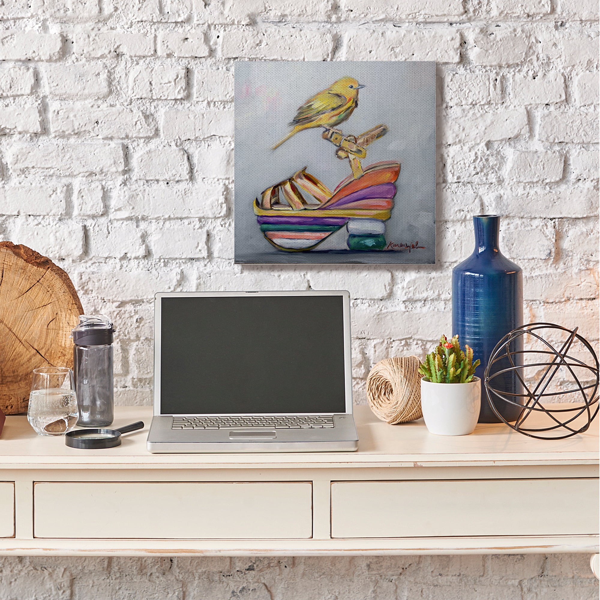 Stupell Industries Abstract Multi-Color Shoe with Yellow Warbler Canvas Wall Art by Karen Weber Fine Art