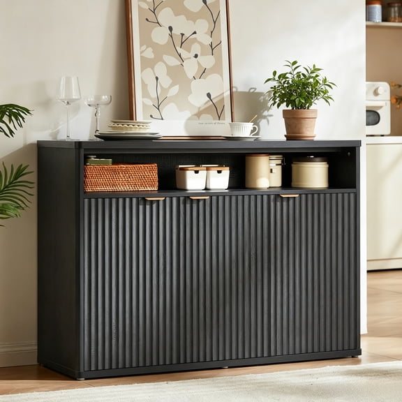 LELELINKY 45" Fluted Sideboard Buffet with 3 Doors & Open Shelf, Wood Storage Cabinet for Living Room, Entryway, Black