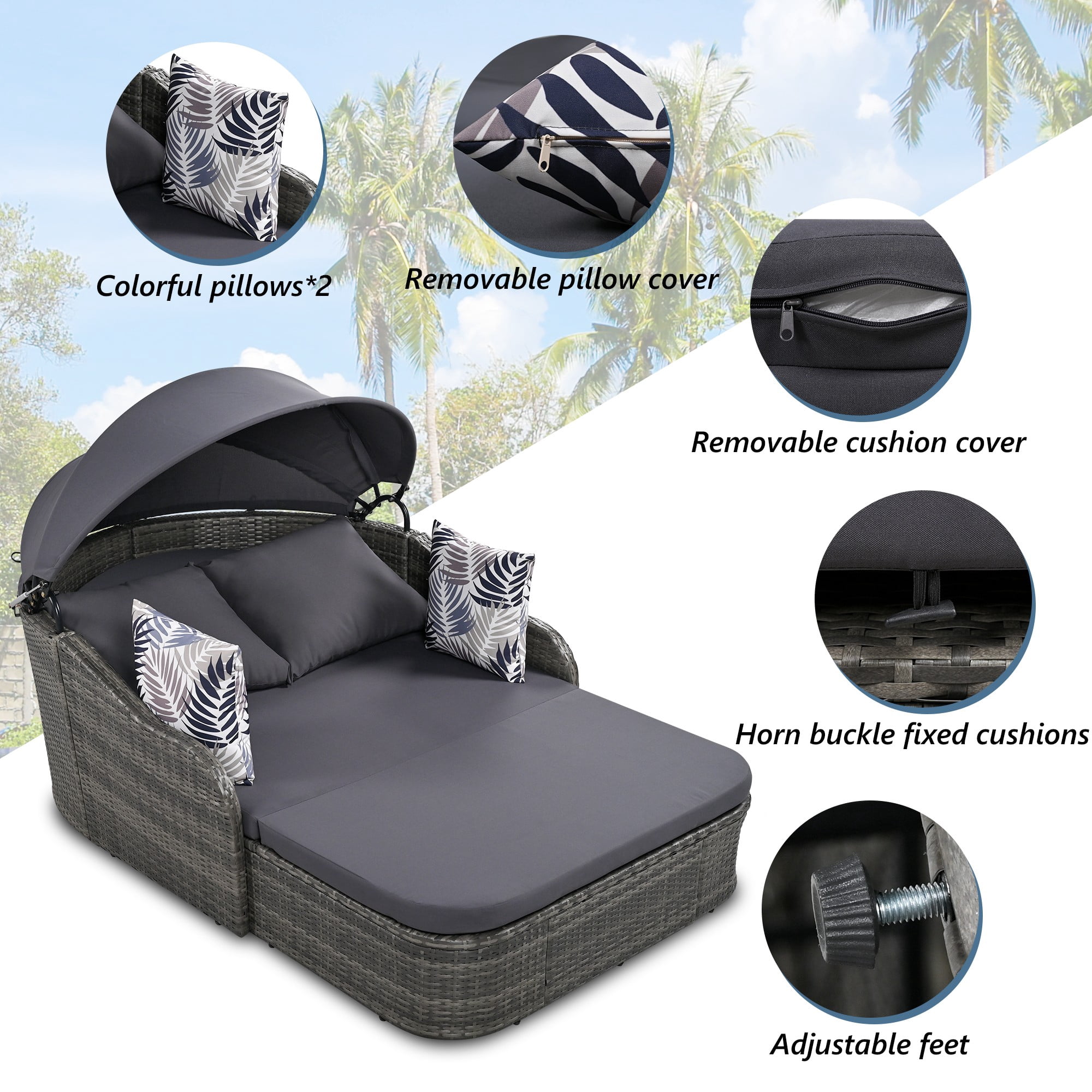 79.9" Outdoor Sunbed with Adjustable Canopy,Patio Chaise Double Lounger Sofa Daybed for Beach Backyard,Gray