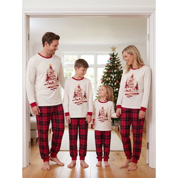 Family Christmas Pajamas Matching Sets Plaid Christmas Tree Letter Print Christmas Family Matching Outfits