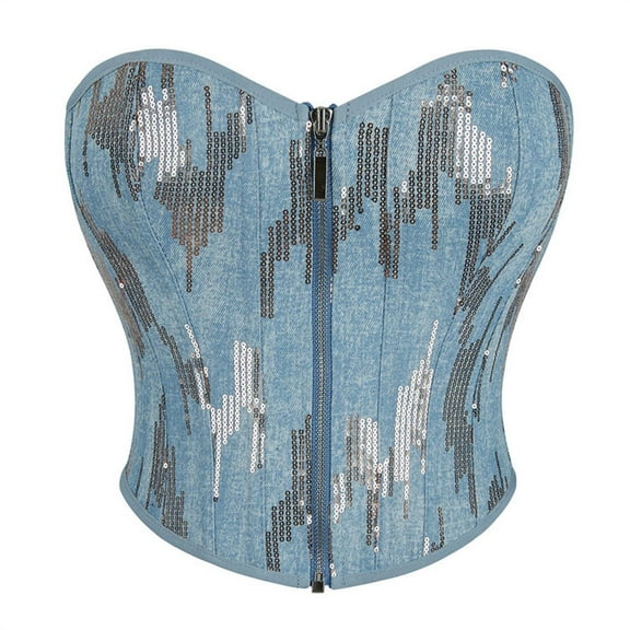 Luxalzxs Corset Tops for Women Sexy Boned Strapless Front Zipper Bustiers Crop Tops Overbust Sequin Party Club Lingerie Y2K Bodyshaper