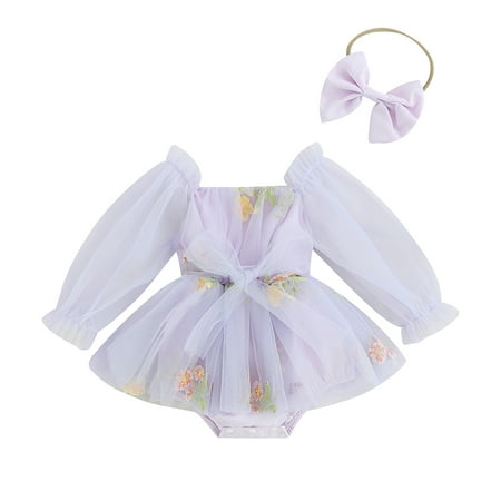 

Newborn Baby Girl Romper Dress 6M 12M 18M 24M Floral Bowknot Long Puff Sleeve Layered Tulle Tutu Onesie with Headband Set