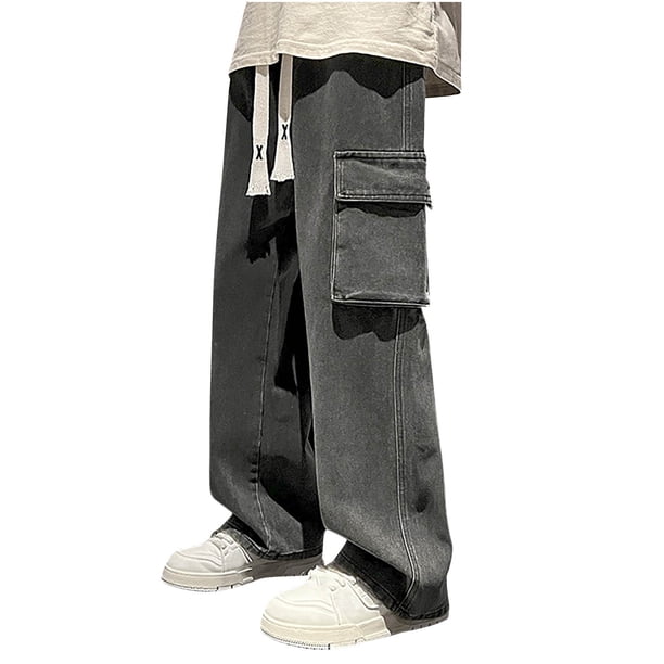 Pantalones de trabajo de longitud completa para hombre, de color liso, con bolsillos, informales, de pierna recta