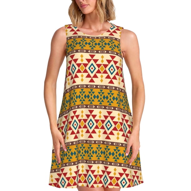 Fotbe Aztec Vestido de Verano sin Mangas para Mujer – Vestido Midi Línea A, Estilo Camiseta Floral, Vestido Playero Casual y Fluido