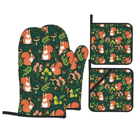

Oven Mitts and Pot Holders 4 Piece Painted Cute Squirrel Flower High Heat Slip Resistant Oven Mitt and Trivets Set Kitchen Oven Glove Pot Holders for Cooking Baking Grilling