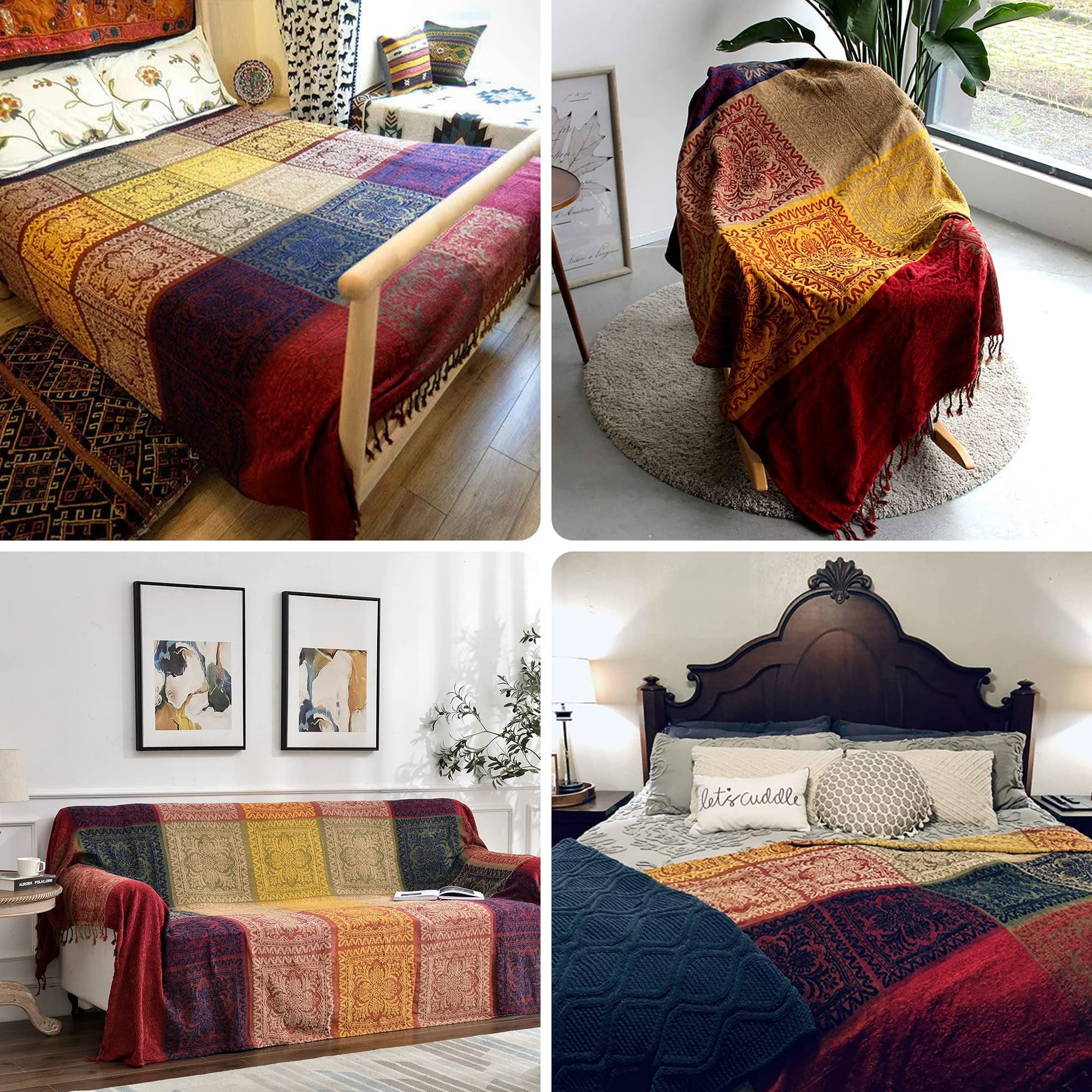 MOVANNE 75x60 Inch Machine Wash Boho Tribal Throws Blankets Colorful Bohemian Hippie Chenille Throw Covers Couch Furniture Sofa Chair Loveseat (Red, S:75x60)