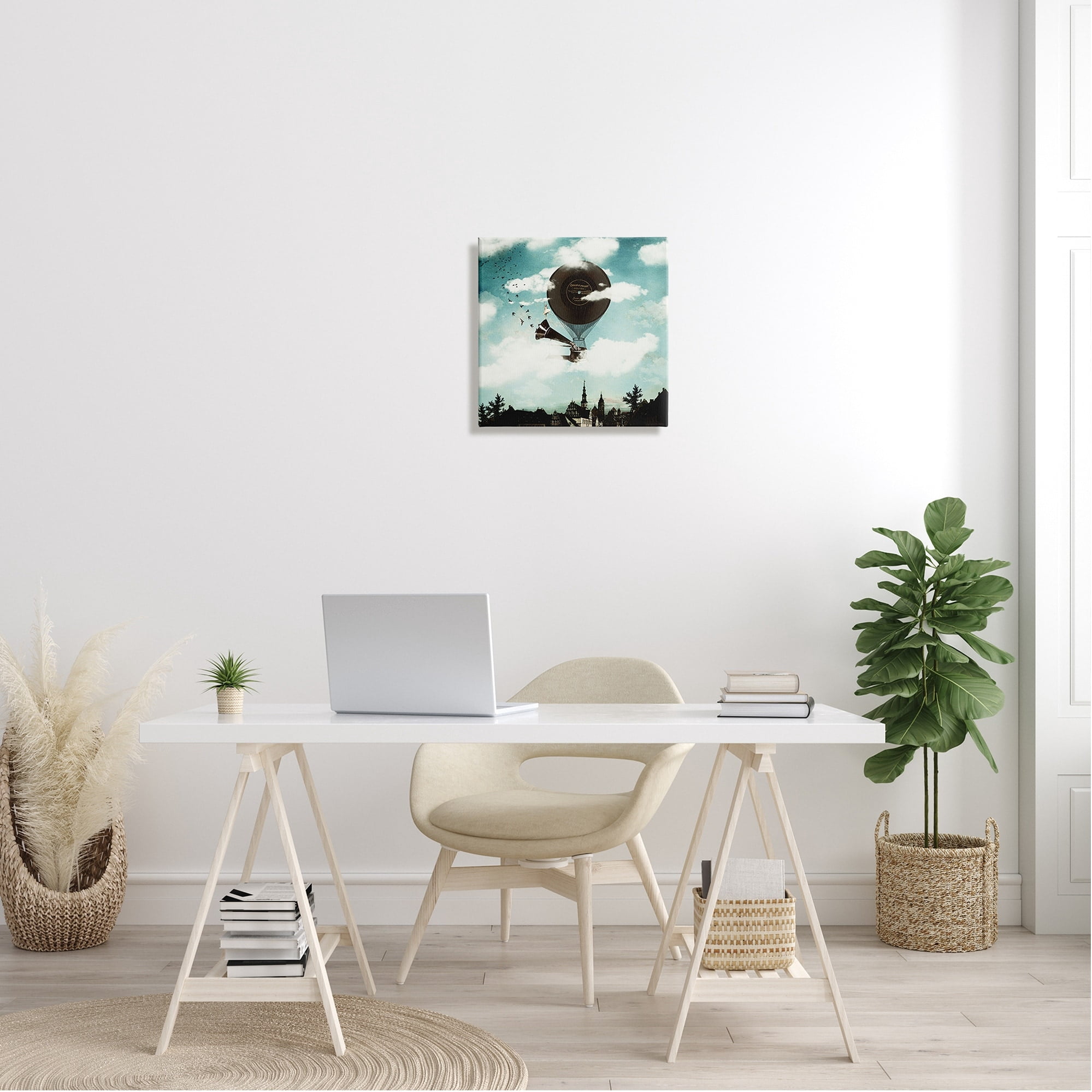 Serene Gramophone Flying Birds Clouds City Buildings Animals & Insects Painting Gallery-Wrapped Canvas Print Wall Art