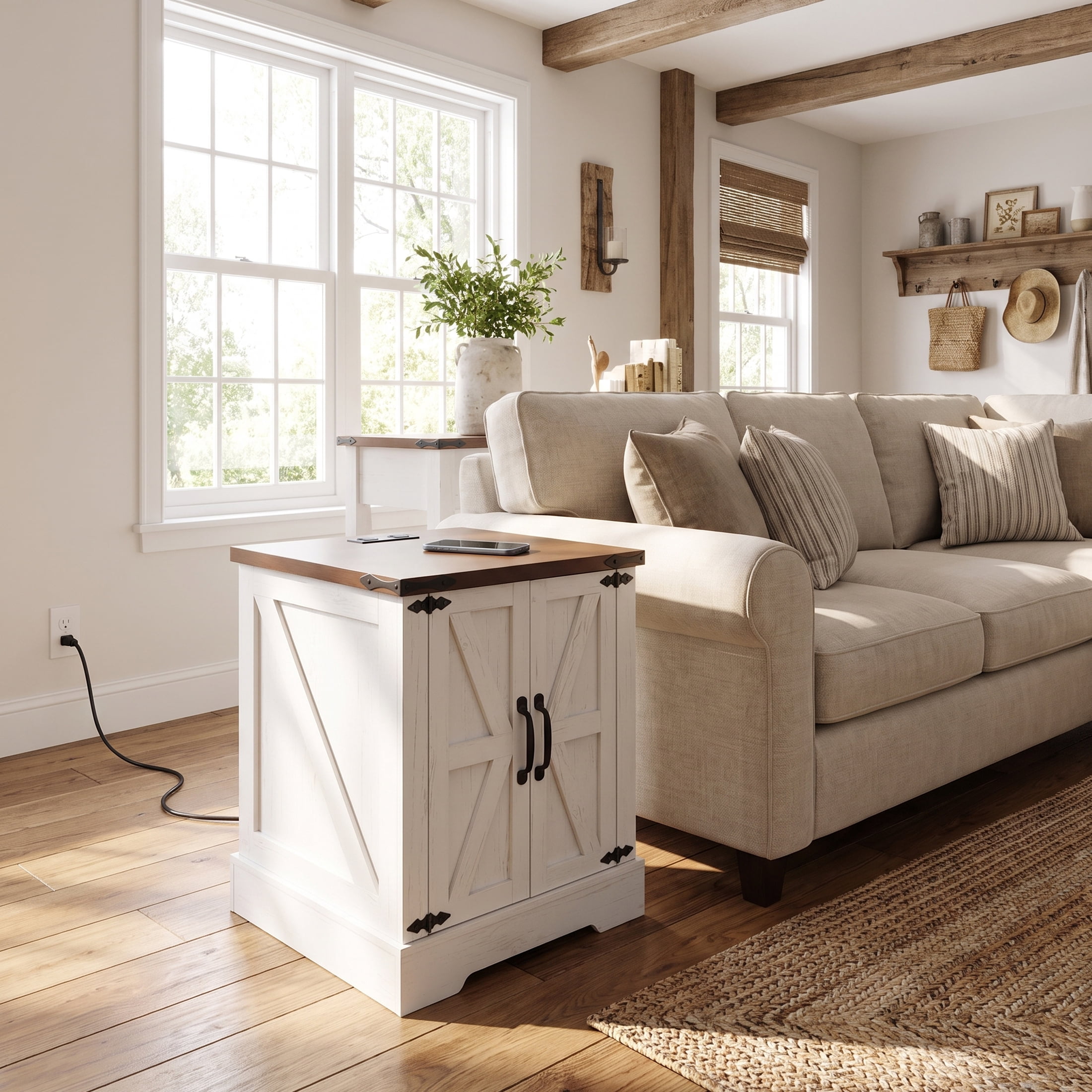 Homy Casa Farmhouse End Table with Charging Station, 2 USB Ports, 2 Outlets, Barn Door, White