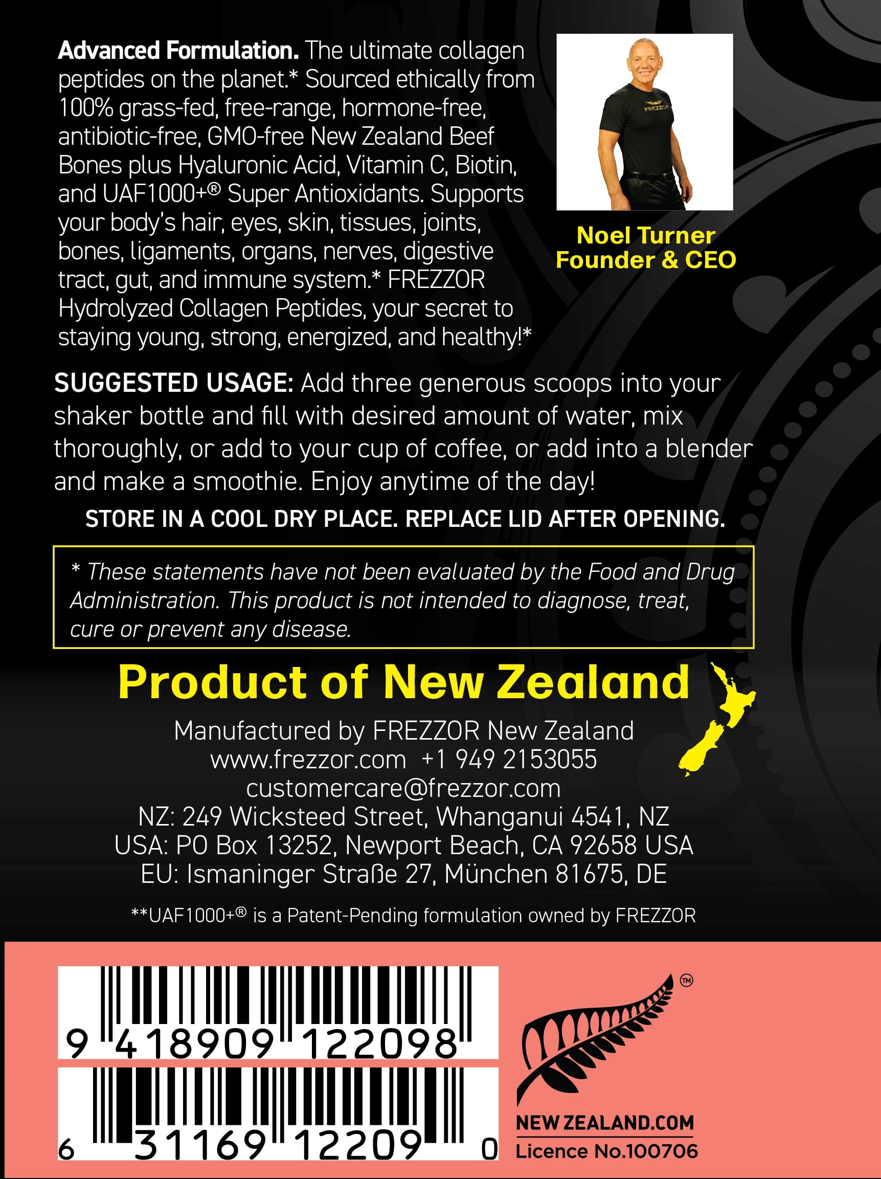 FREZZOR Pure Collagen Peptides Powder Supplement 4-Pack, 100% Grass-Fed New Zealand Cattle Source, 4 Bottles, 900 Grams