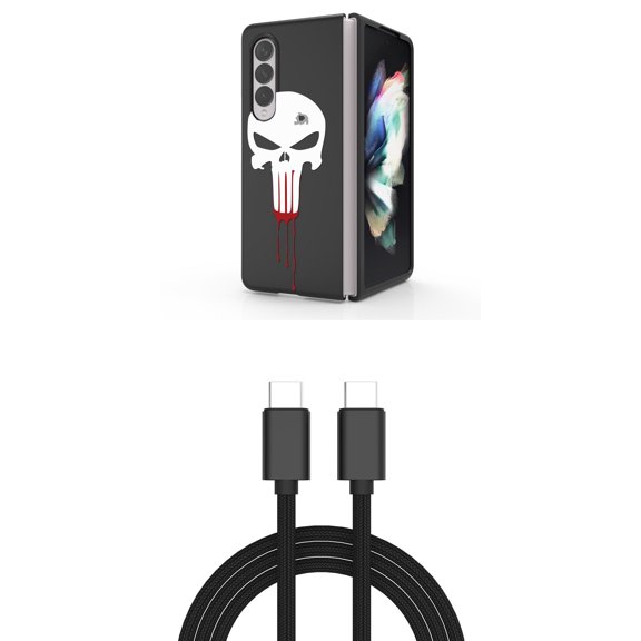 Accessory Bundle for Galaxy Z Fold 4: Slim Snap-On Case (White Bloody Skull), PD Power Delivery USB-C to USB-C Cable (3 Feet)