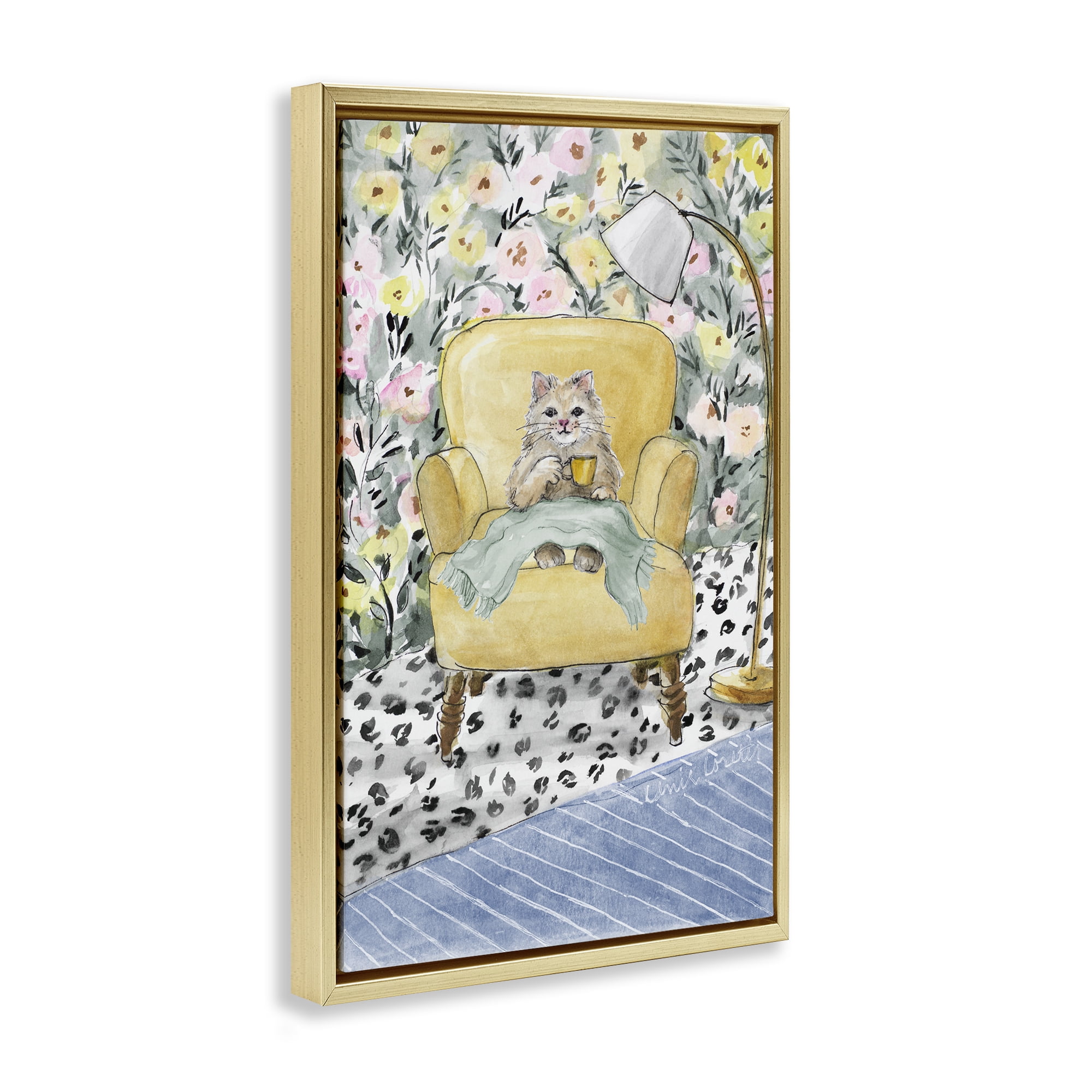 Stupell Industries Cozy Cat Corner Gold Framed Floater Canvas Wall Art, design by Lanie Loreth